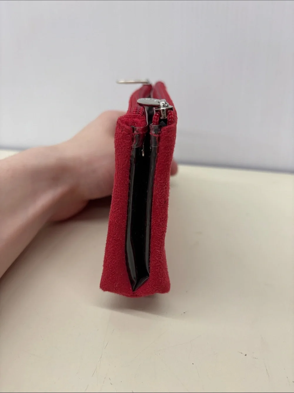 Lancome Red Suede Cosmetics Tote with Black Trim